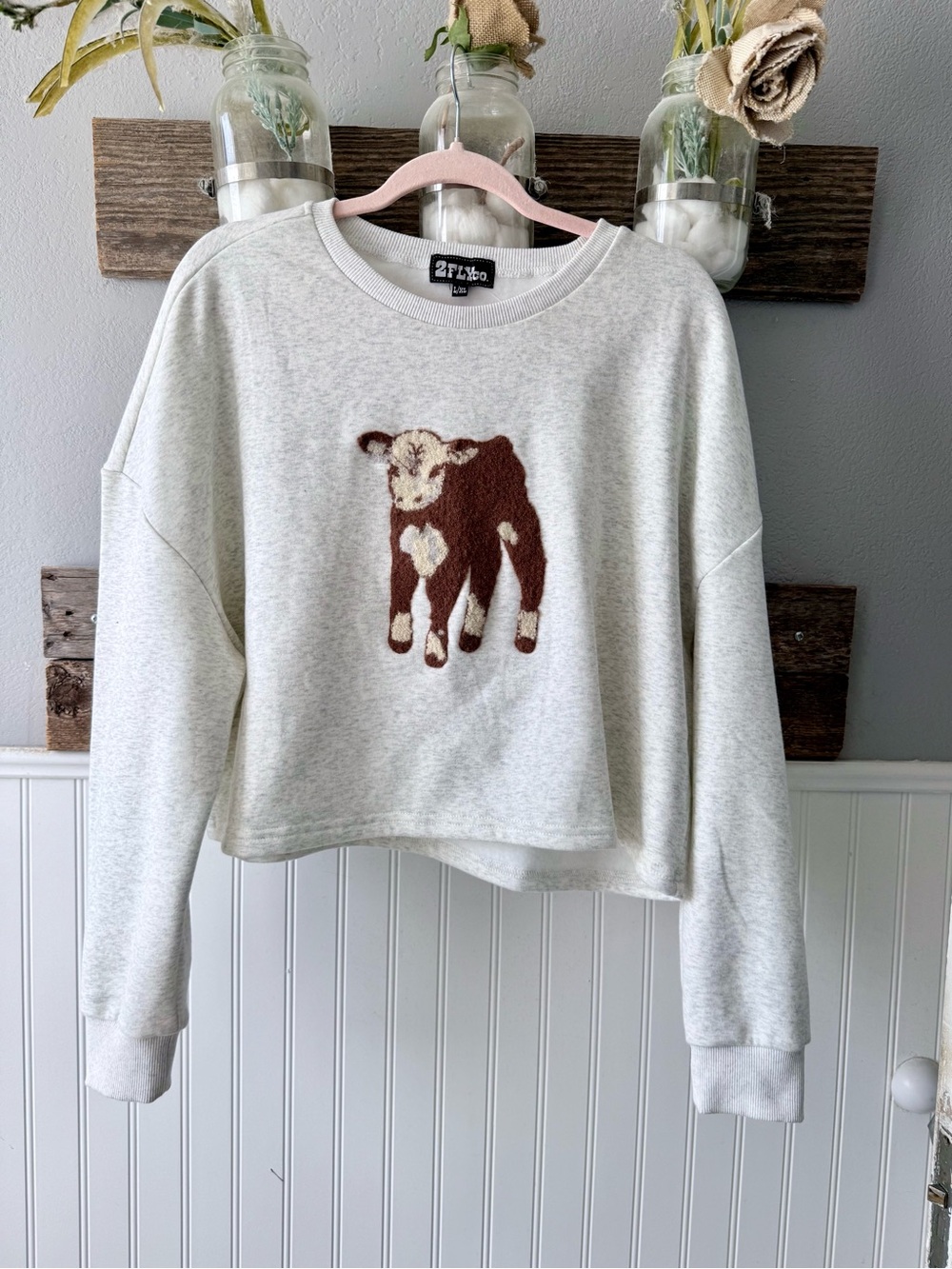 Z Supply Heather Gray Cropped Crewneck Sweater with Calf Motif